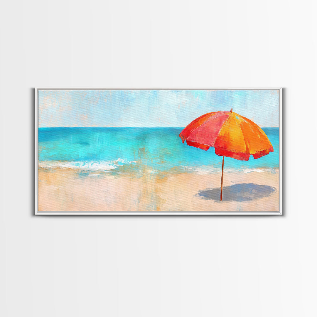 Beach Umbrella, Coastal Decor, Nautical Wall Art, Seascape Painting, Ocean Painting, Extra Wide Art, Framed Canvas Print, Beach House Art