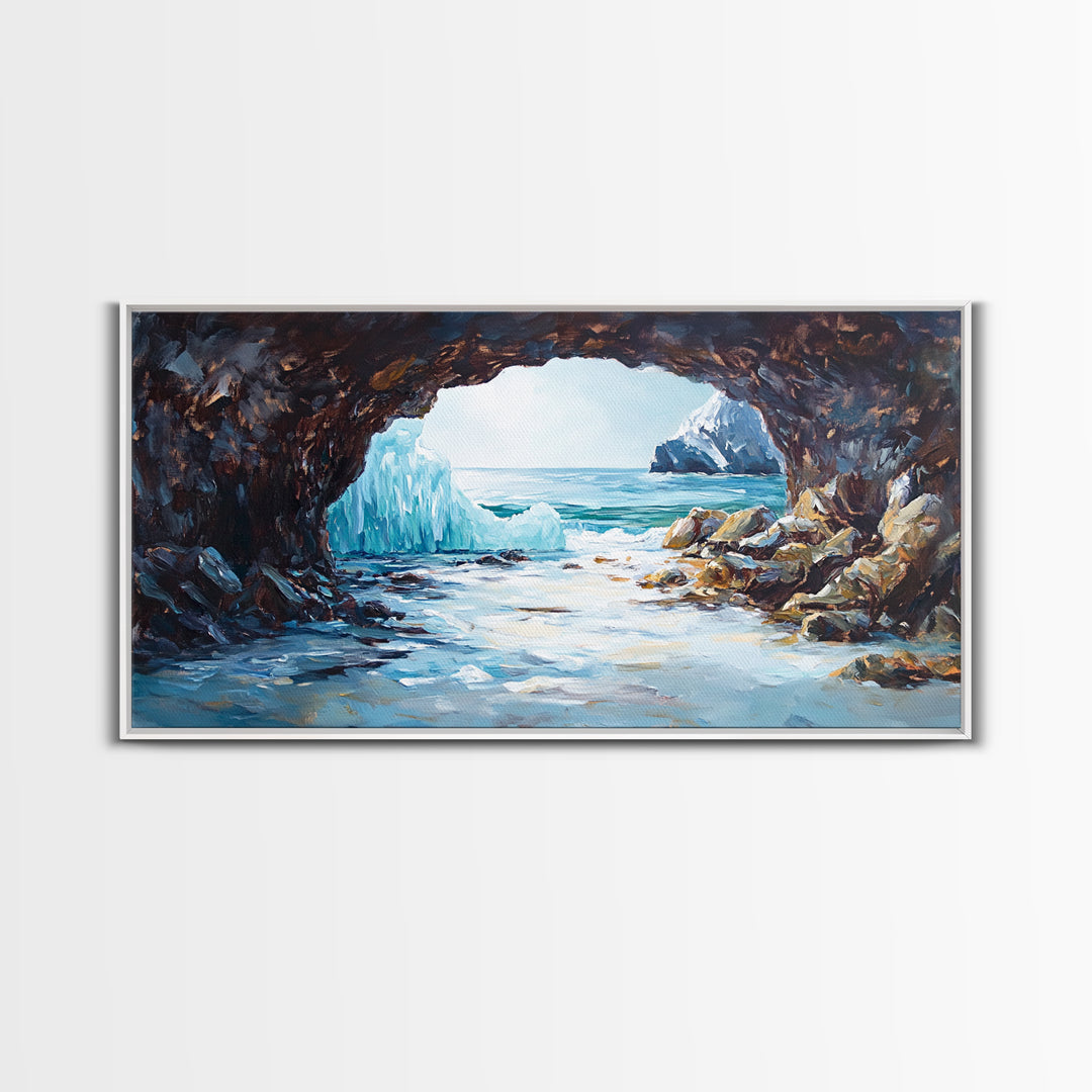 Coastal Ice Cave, Canvas Print, seascape painting, nautical decor, blue and green wall art, landscape painting, extra wide art