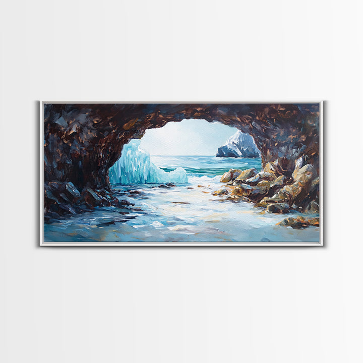 Coastal Ice Cave, Canvas Print, seascape painting, nautical decor, blue and green wall art, landscape painting, extra wide art