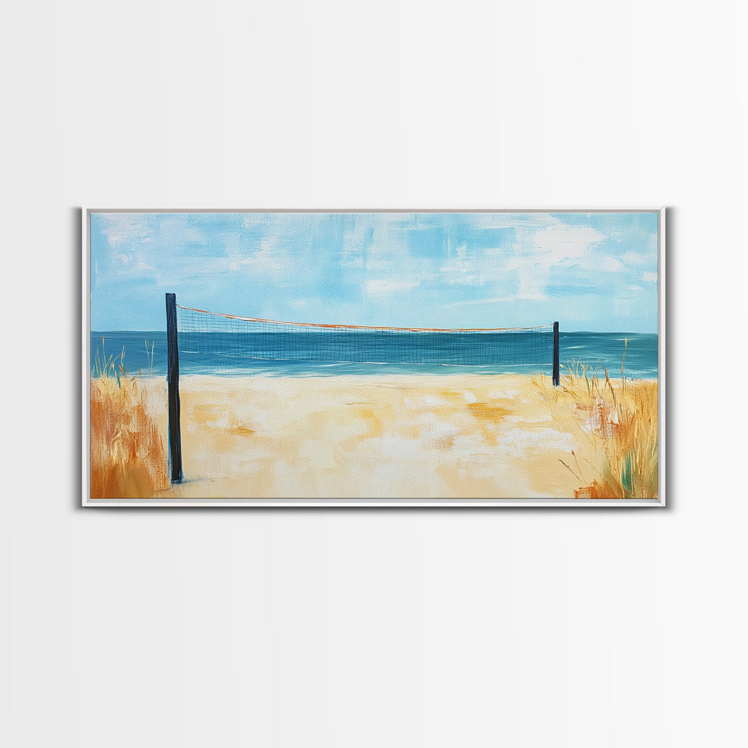 Beach Volleyball, Coastal Wall Art, Nautical Decor, Seascape Painting, Ocean Painting, Framed Canvas Print, Extra Wide Art, Boho Art