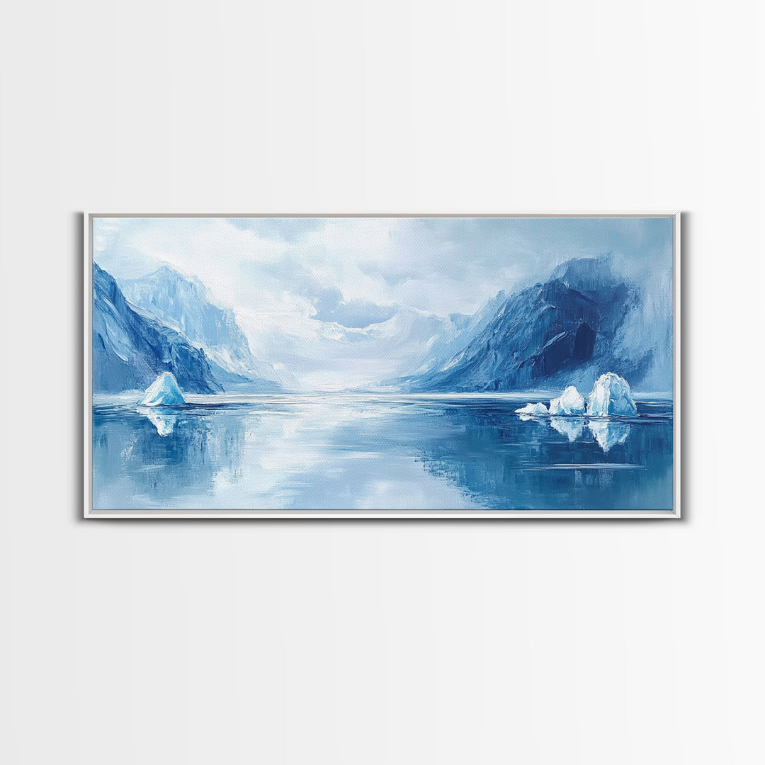 Arctic Reflections, Canvas Print, landscape painting, nautical painting, blue and green wall art, extra wide art, minimalist art