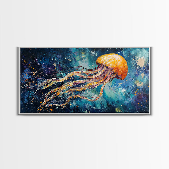 Cosmic Jellyfish, Canvas Print, ocean art, octopus art, dolphin painting, extra wide art, dark romance painting, coastal wall art