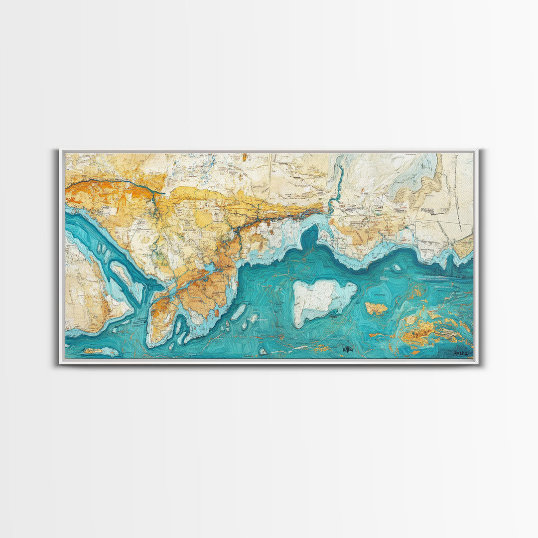 Abstract Map Art, Coastal Decor, Nautical Painting, Extra Wide Art, Framed Canvas Print, Blue and Green Wall Art
