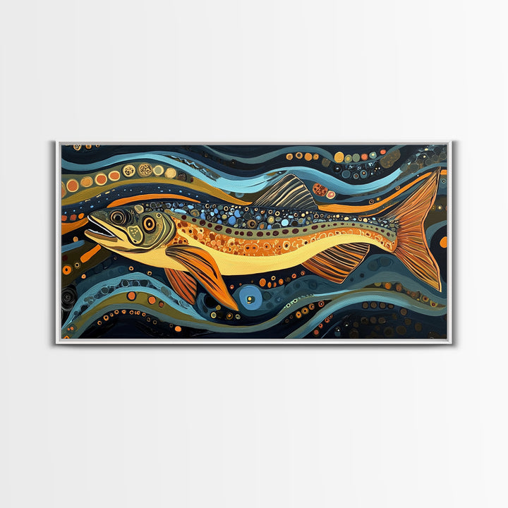 Abstract Trout Art, Fly Fishing Art, Rustic Wall Art, Whimsical Art, Framed Canvas Print, Tall Narrow Art, Living Room Art