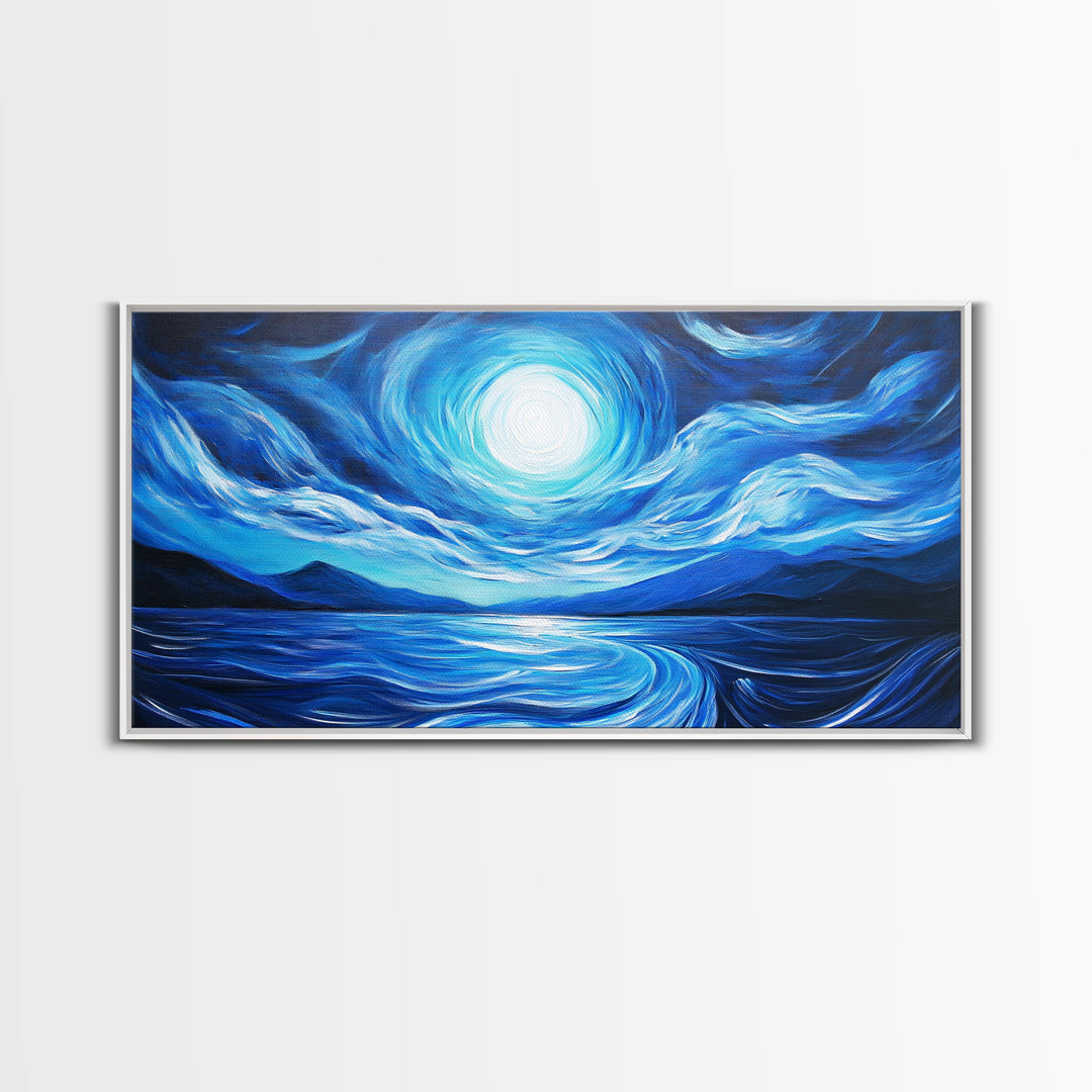 Blue Moon Painting, Moody Art, Nautical Wall Art, Coastal Painting, Framed Canvas Print, Above Couch Art, Extra Wide Art