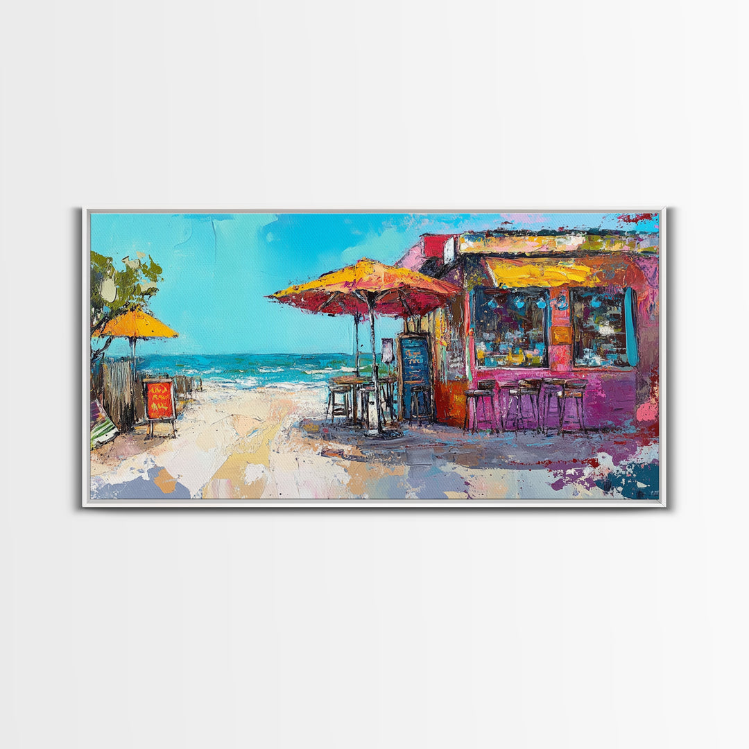 Beach Bar, Coastal Landscape Art, Tropical Art, Nautical Wall Art, Ocean Painting, Extra Wide Art, Framed Canvas Print, Rustic Wall Art