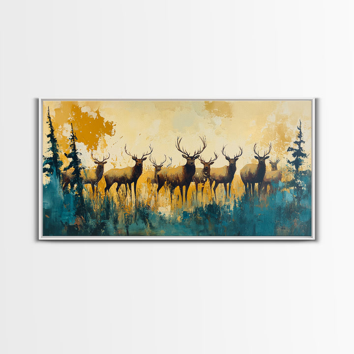 Deer Herd Painting, rustic wall art, farmhouse art, wildlife painting, nature painting, framed canvas print, woodland decor