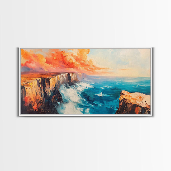 Coastal Cliffs Painting, landscape painting, seascape painting, blue and green wall art, framed canvas print, nautical wall art