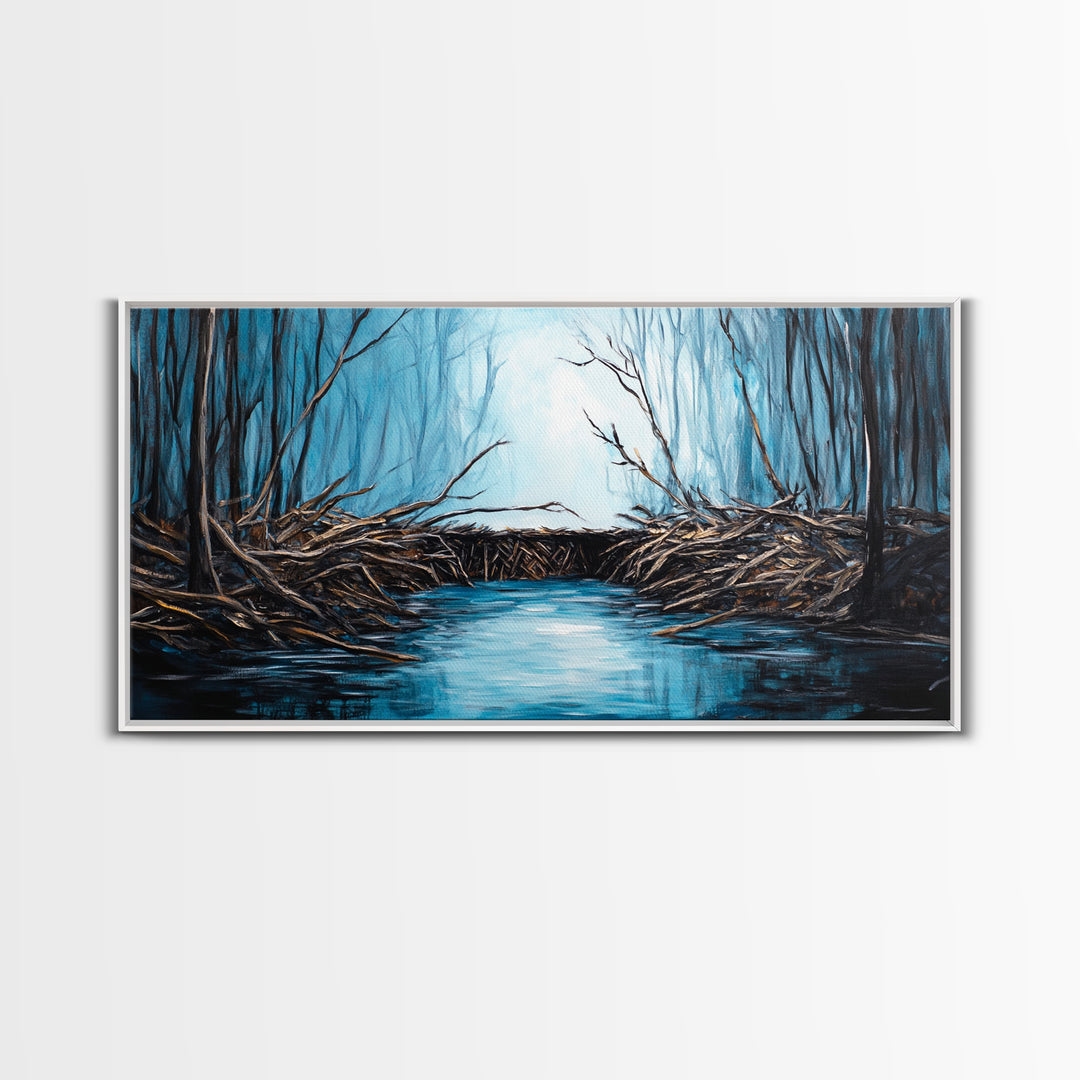Beavers, river, landscape painting, extra wide art, panoramic painting, moody art, framed canvas print, rustic wall art, bedroom art