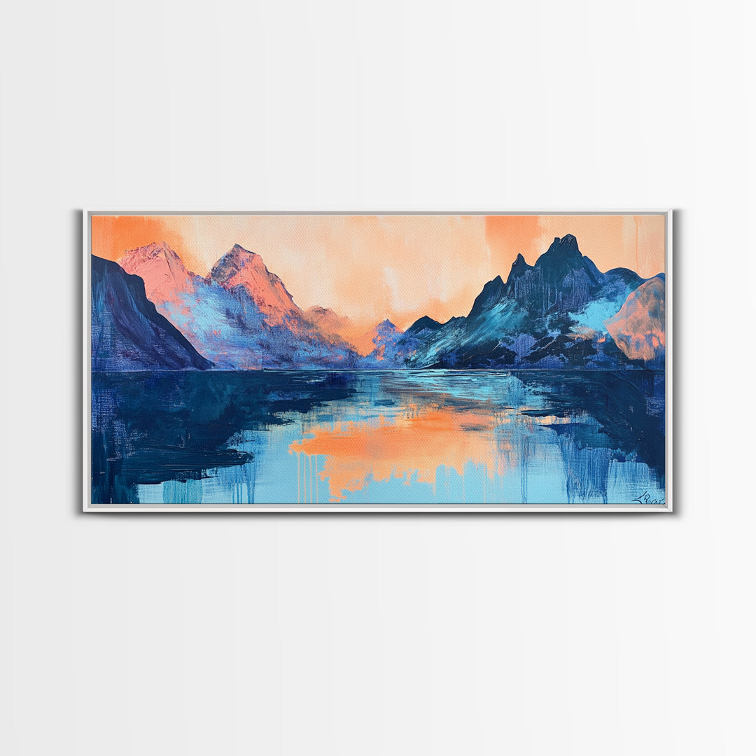 Twilight Peaks, pink orange wall art, framed canvas print, panoramic painting, above sofa art, extra wide art, landscape painting