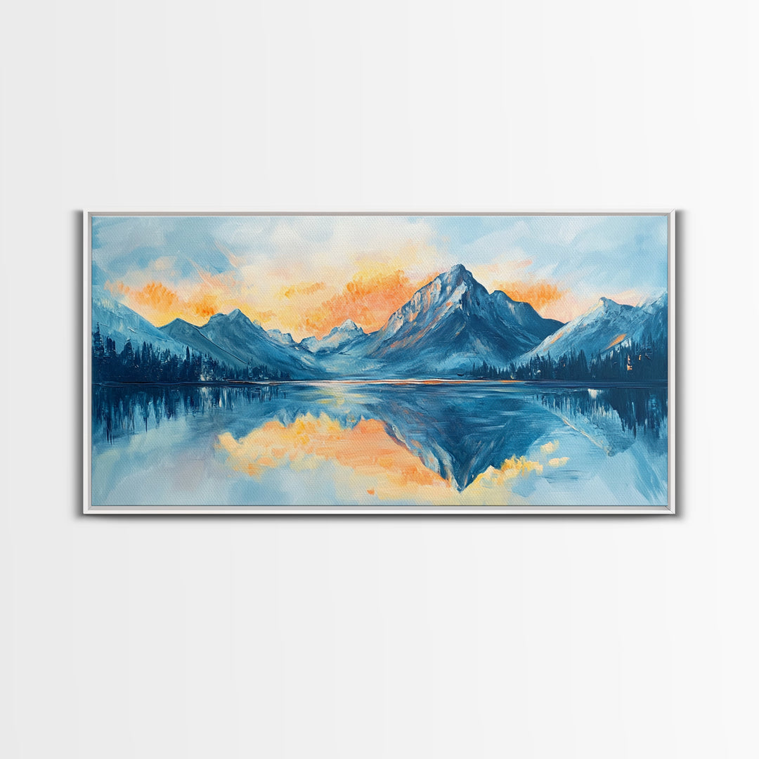 Lake Reflection, Sunset Mountains, Panoramic Art, Framed Canvas Print, Mountain Painting, Lake Art, Horizontal Wall Art, Bedroom Art