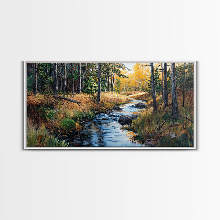 Autumn Forest, Creek Painting, Panoramic Art, Framed Canvas Print, Pine Tree Art, Rustic Wall Art, Extra Wide Art, Fall Landscape Painting