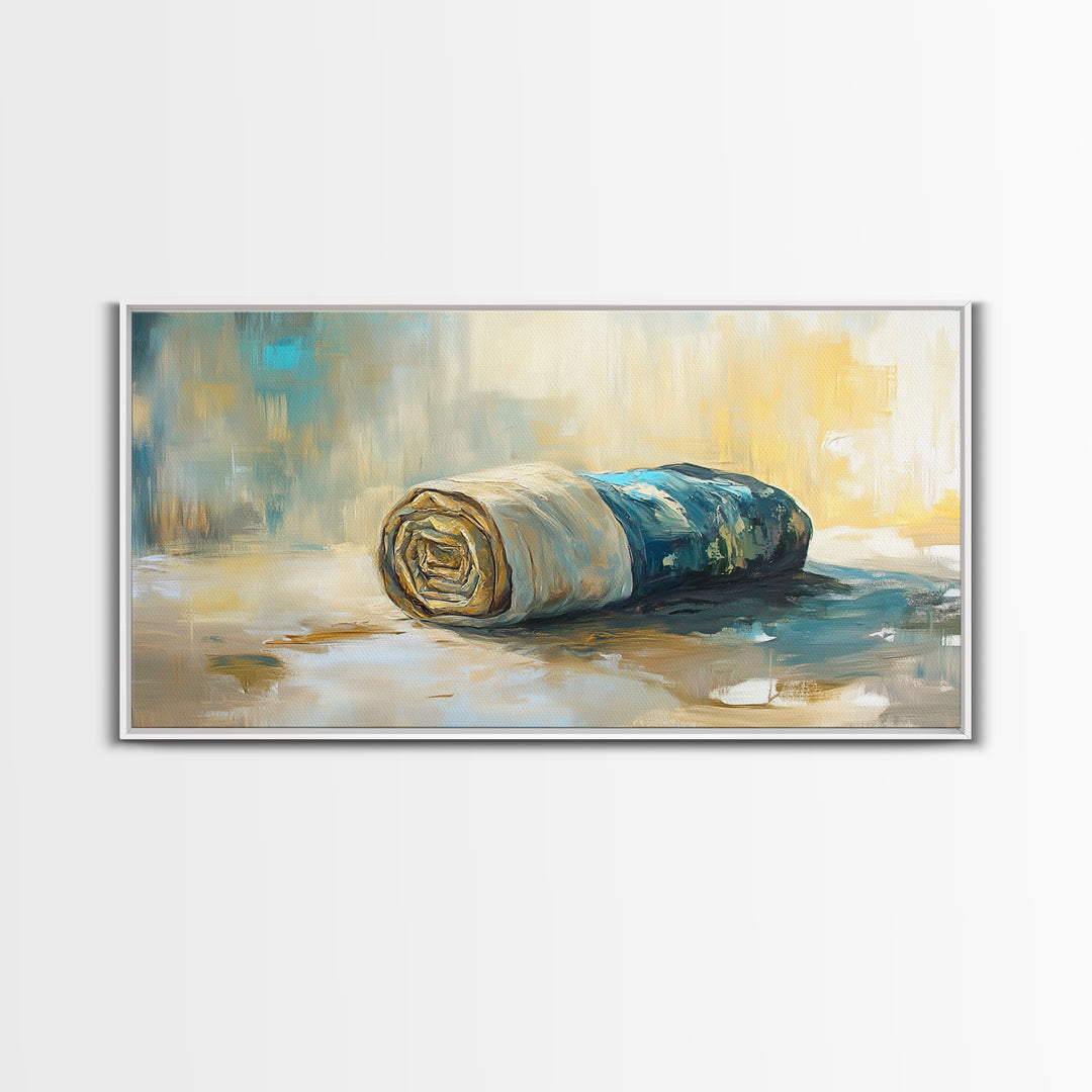 Rolled fabric, oil painting from photo, rustic decor, farmhouse art, wabi sabi art, framed canvas print, horizontal wall art, gift idea