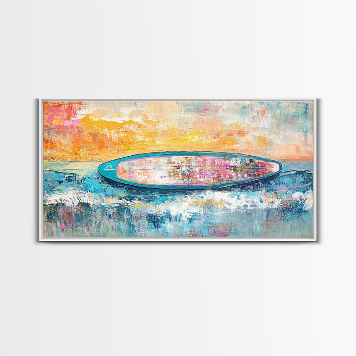 Coastal wall art, surf wall art, framed canvas print, extra wide art, nautical decor, vibrant painting, panoramic art, tropical art