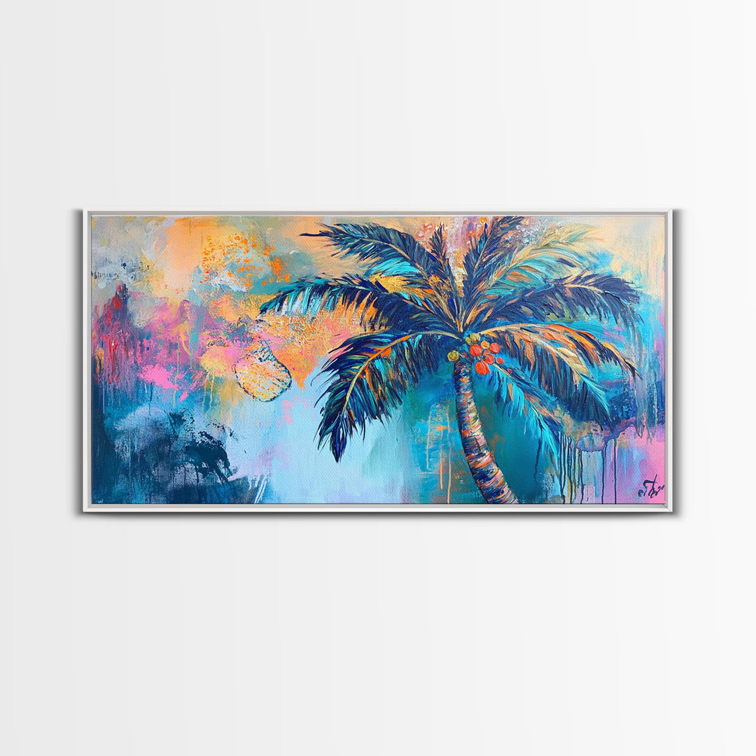 Palm tree painting, coastal wall art, framed canvas print, tropical art, boho art, surf wall art, extra wide art, vibrant wall decor