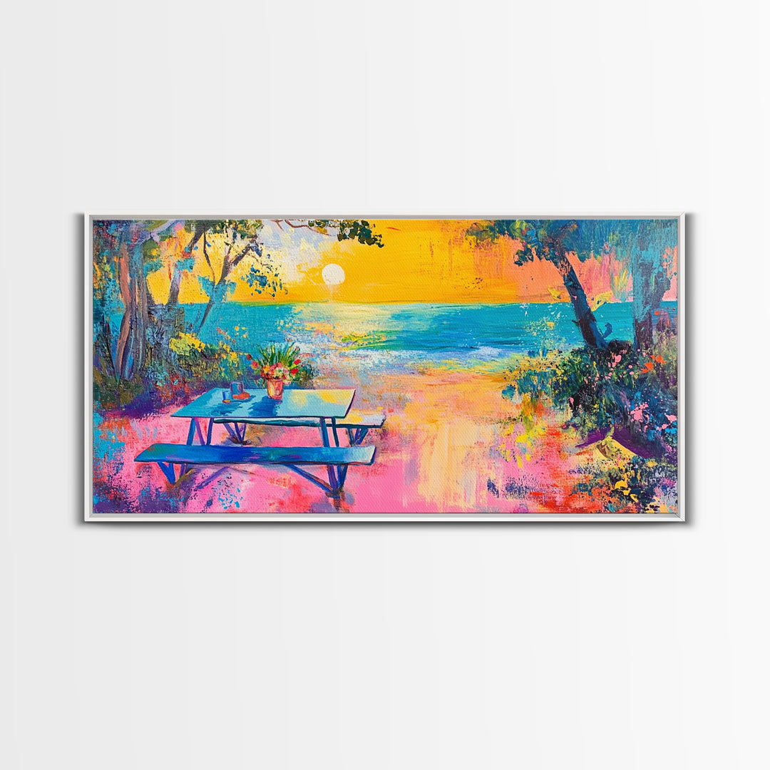 Coastal landscape art, framed canvas print, extra wide art, vibrant sunset painting, tropical beach decor, ocean waves, panoramic art
