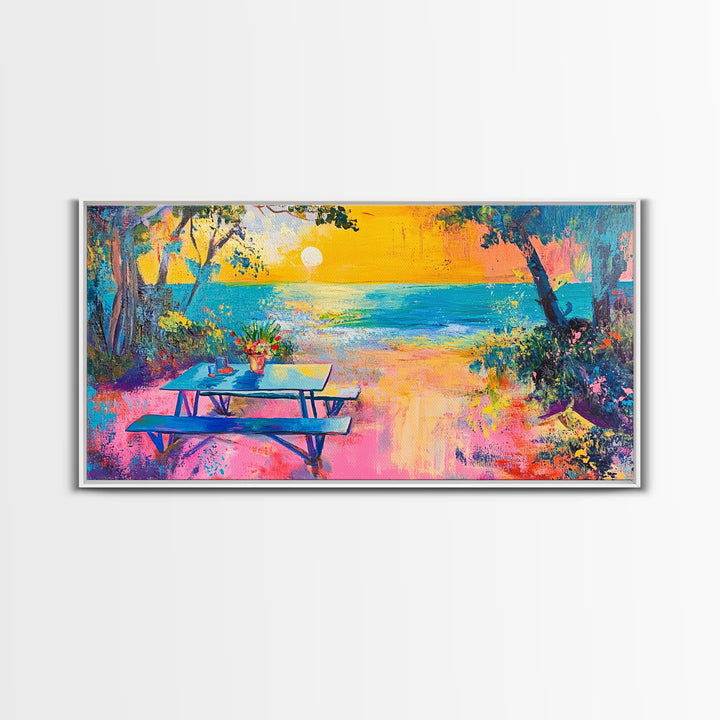 Coastal landscape art, framed canvas print, extra wide art, vibrant sunset painting, tropical beach decor, ocean waves, panoramic art