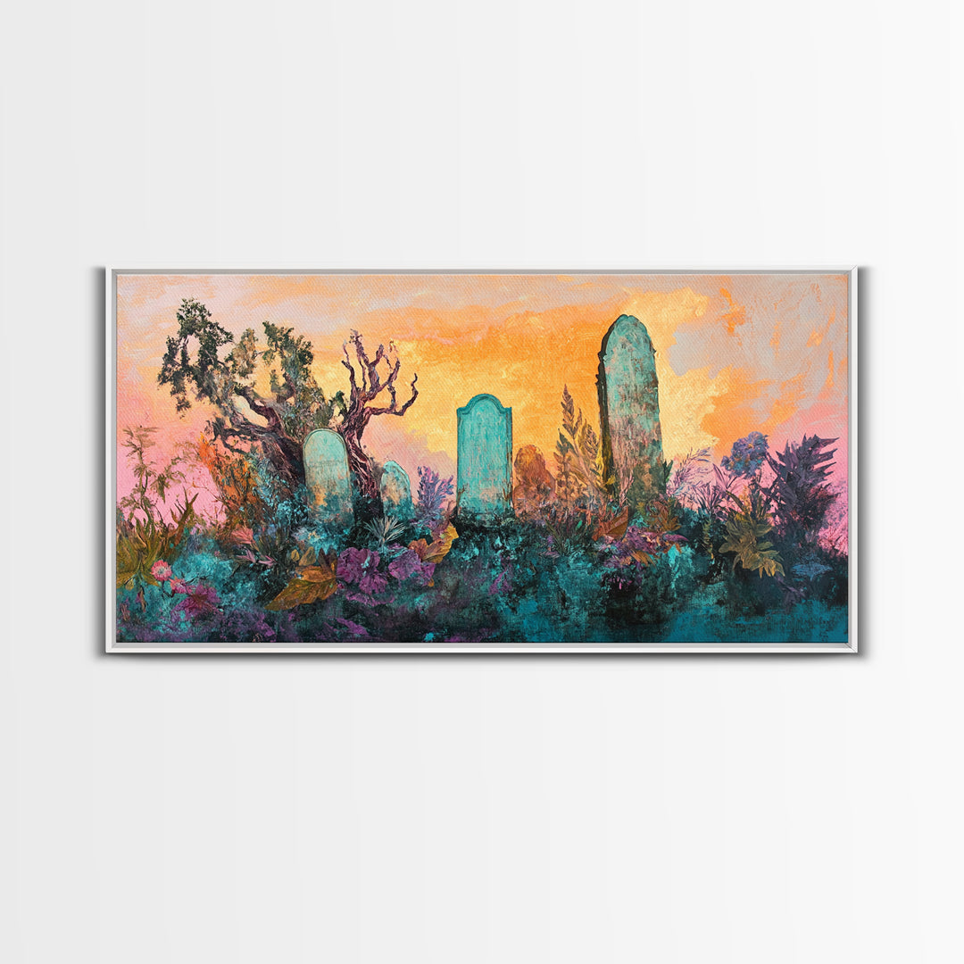 Dark romance painting, gothic art, framed canvas print, extra wide art, Halloween decor, whimsical art, spooky graveyard painting