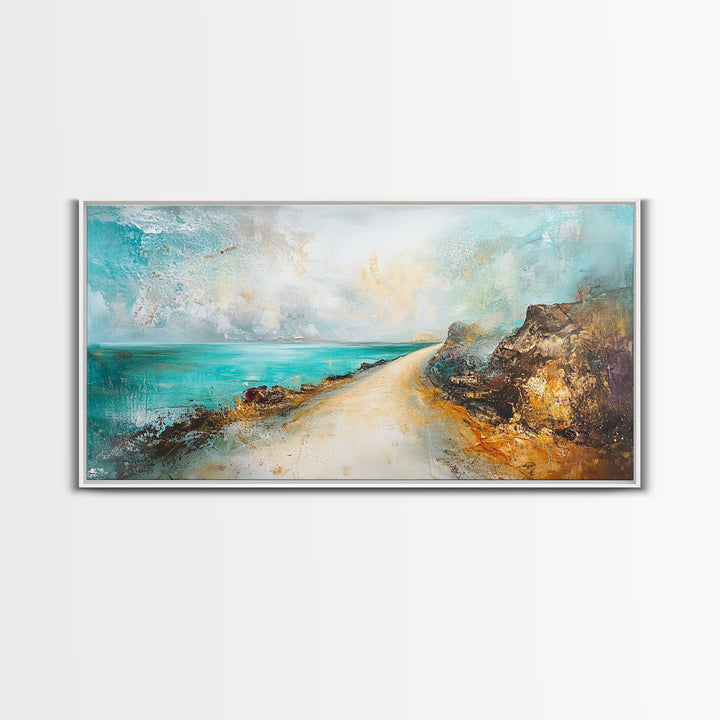 Coastal decor, framed canvas print, extra wide art, nautical wall art, beach road painting, rustic landscape, panoramic art