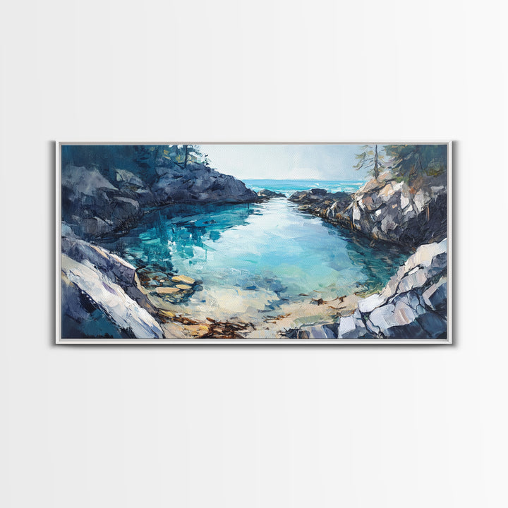 Rocky Coastal Cove, Maine oil painting, nautical decor, seascape painting, extra wide art, above bed wall art, Canvas Print
