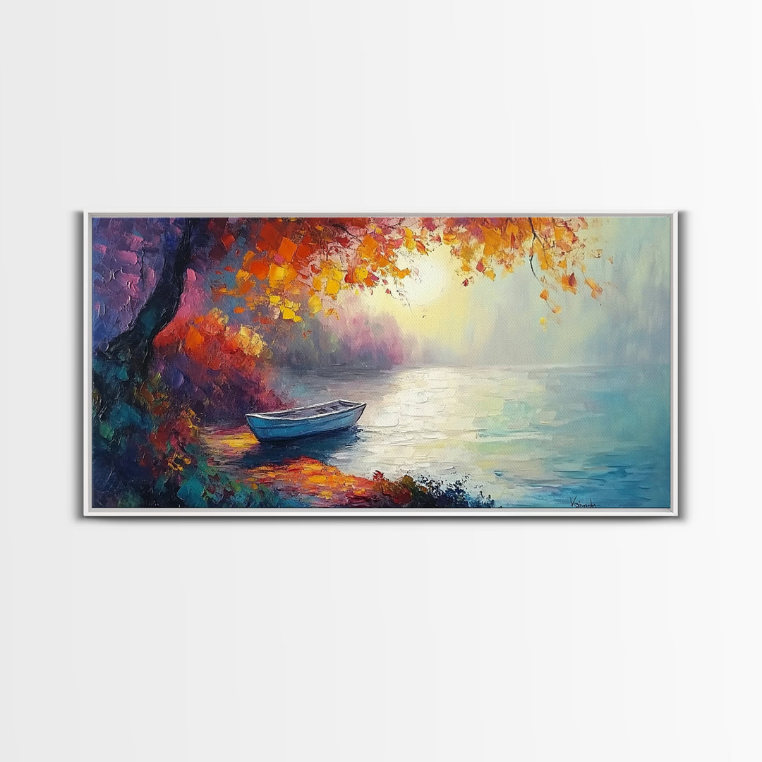 Autumn Lake Scene, landscape painting, fall wall art, framed canvas print, rustic decor, above sofa art, moody art, extra wide art