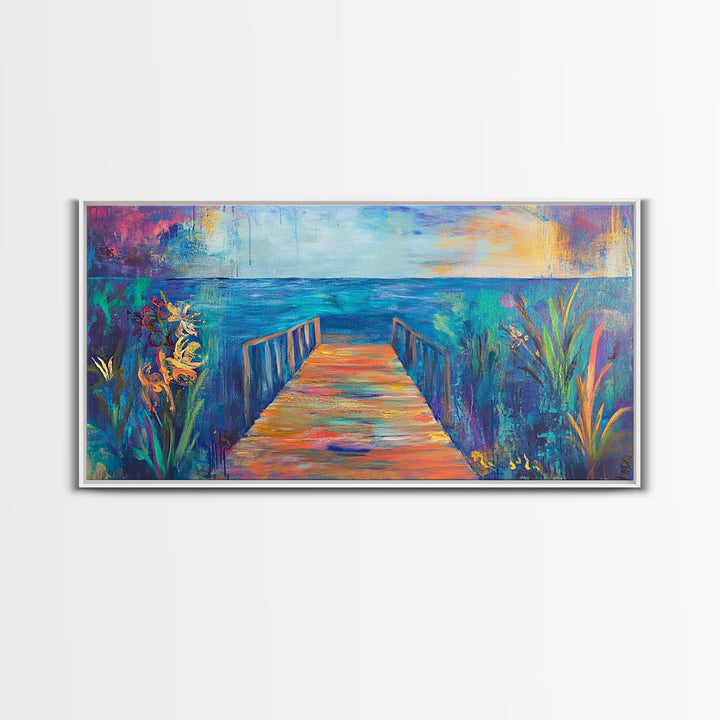 Dock, ocean sunset, coastal painting, coastal landscape art, nautical decor, seascape painting, framed canvas print, above bed wall art