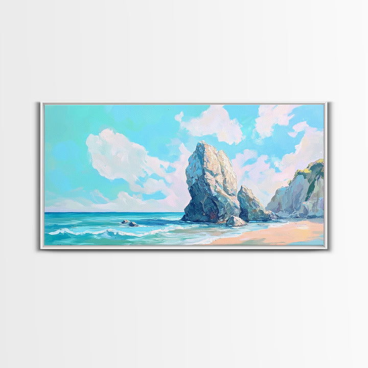 Coastal Rock Formations, beach painting, framed canvas print, coastal wall art, nautical decor, seascape painting, extra wide art