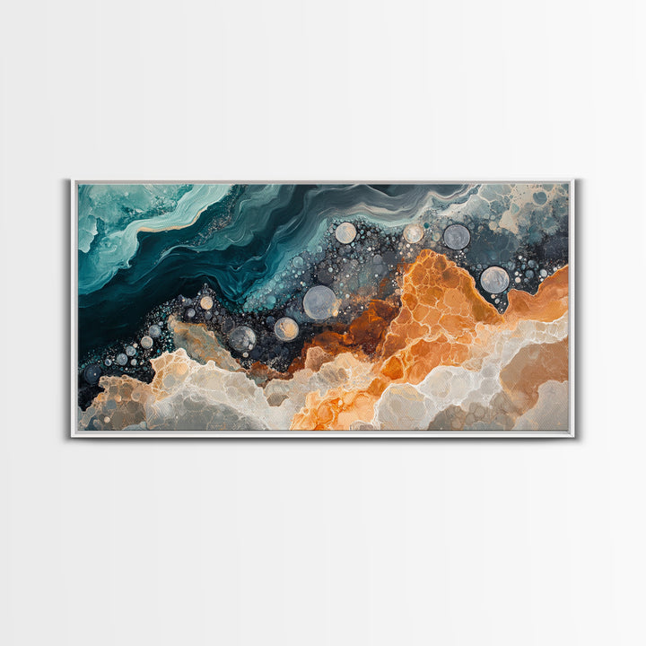 Abstract Coastal Geology, framed canvas print, extra wide art, mosaic wall art, ocean decor, oyster painting, coastal decor