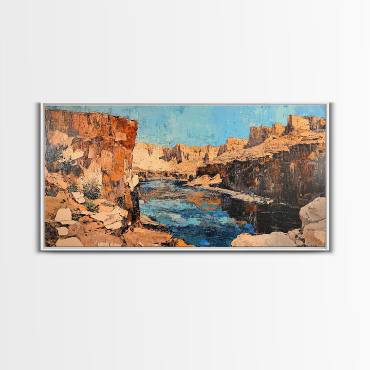 Canyon River, southwest landscape, desert cliffs, textured painting, extra wide art, panoramic art, Framed Canvas Print, rustic decor