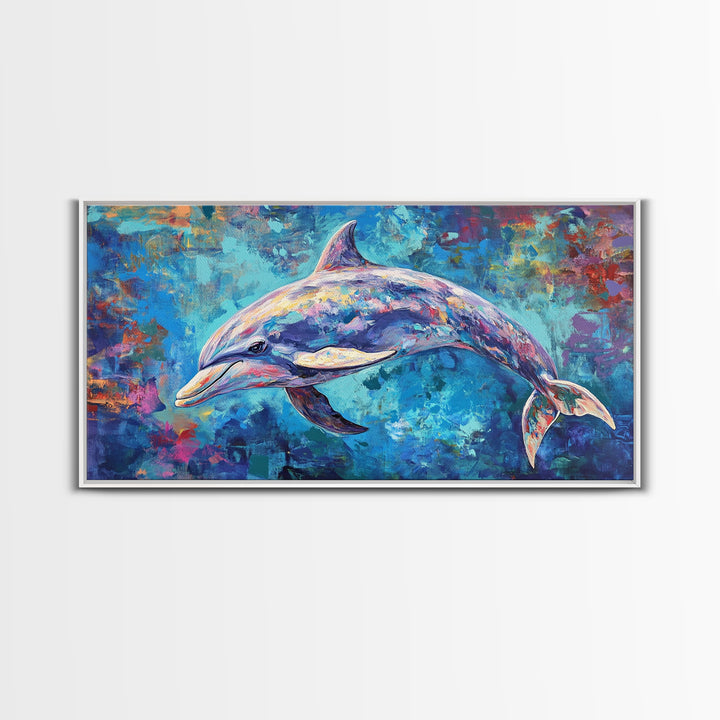 Dolphin Painting, blue and green wall art, coastal decor, nautical painting, framed canvas print, whimsical art, ocean wall art
