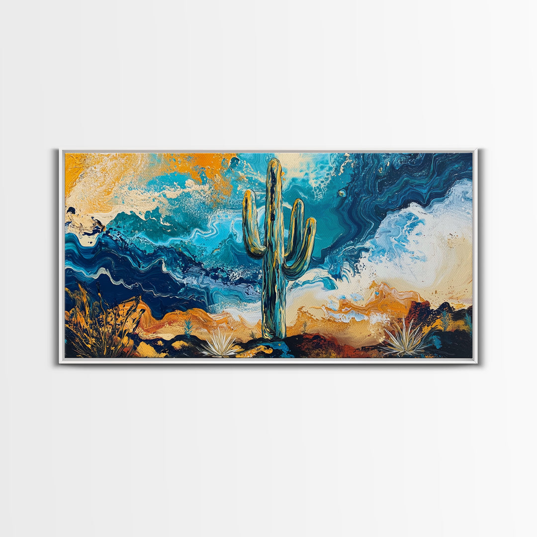 Cactus Desert Art, southwest wall art, Joshua tree art, moody art, rustic decor, extra wide art, panoramic art, Framed Canvas Print