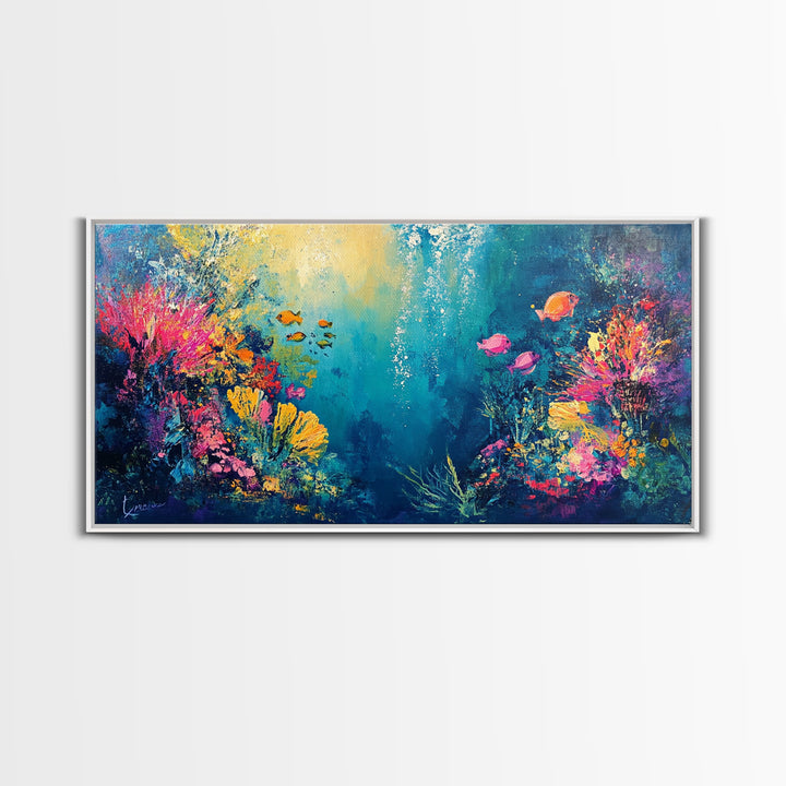 Coral Reef Painting, Coastal Decor, Ocean Wall Art, Nautical Painting, Framed Canvas Print, Underwater Artwork, Marine Life Art