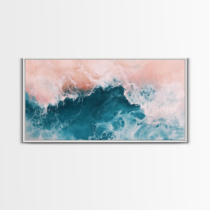 Abstract Ocean, Coastal Landscape Art, Nautical Wall Art, Framed Canvas Print, Teal and Pink Art, Surf Inspired Artwork