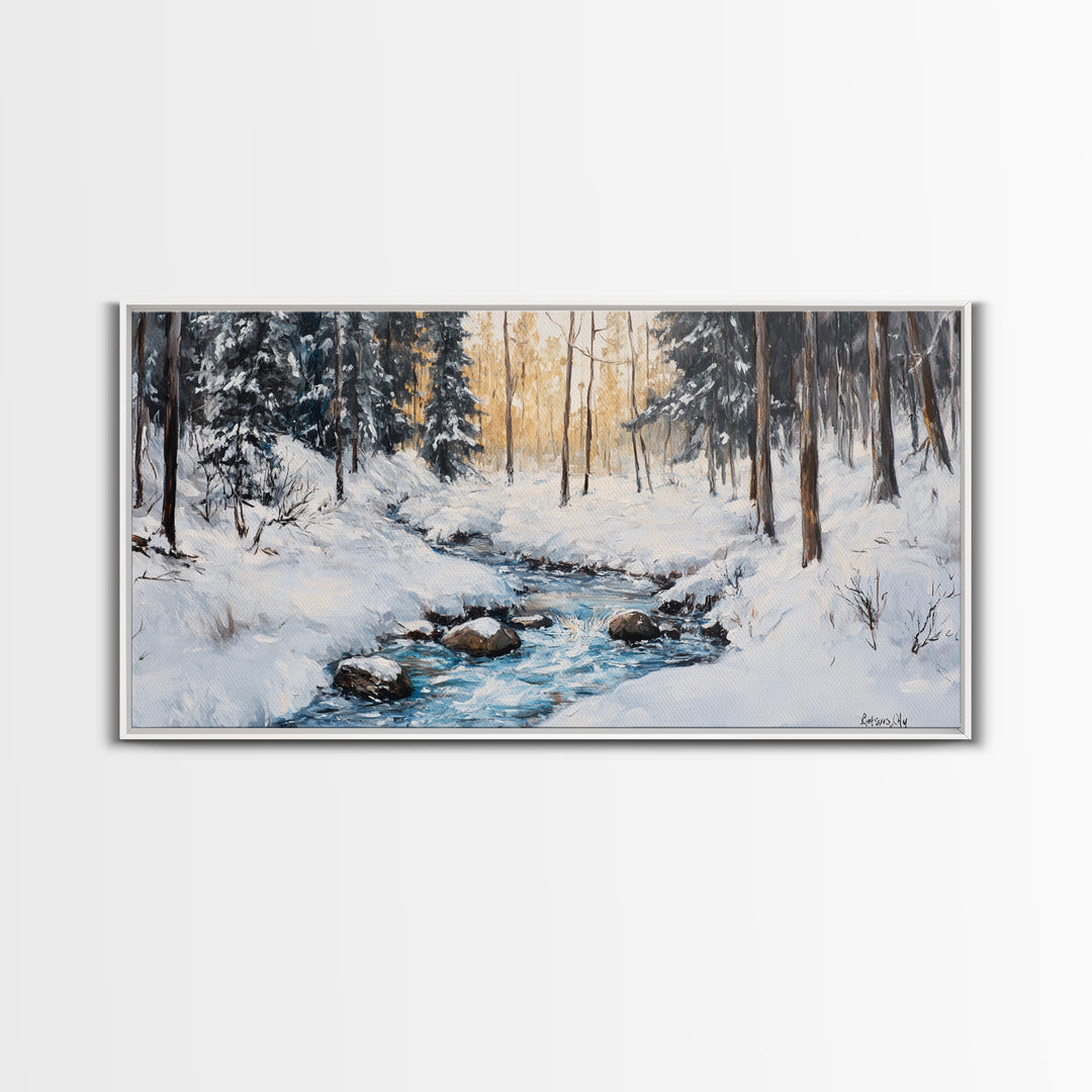 Birch Tree Painting, Snowy River Art, Winter Landscape, Framed Canvas Print, Farmhouse Art, Wabi Sabi Art, Tall Narrow Art