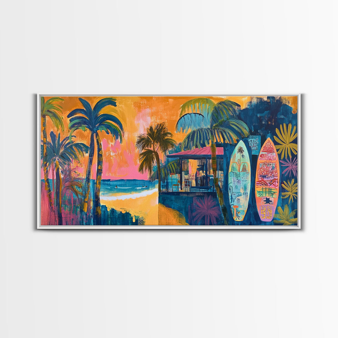 Beach Bar, palm tree painting, surf wall art, coastal decor, nautical wall art, tropical art, above couch art, Canvas Print