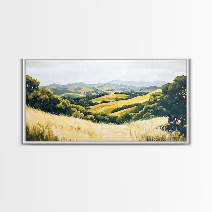 Rolling hills, countryside landscape, panoramic art, framed canvas print, rustic wall art, farmhouse art, sage green wall art