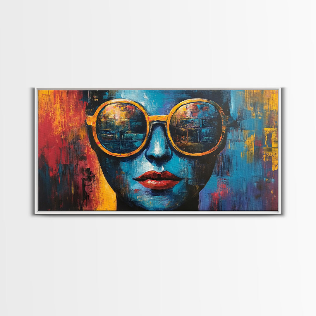 Bold Sunglasses Portrait, graffiti wall art, moody art, chicano art, abstract portrait, pop art decor, gift idea her, Canvas Print