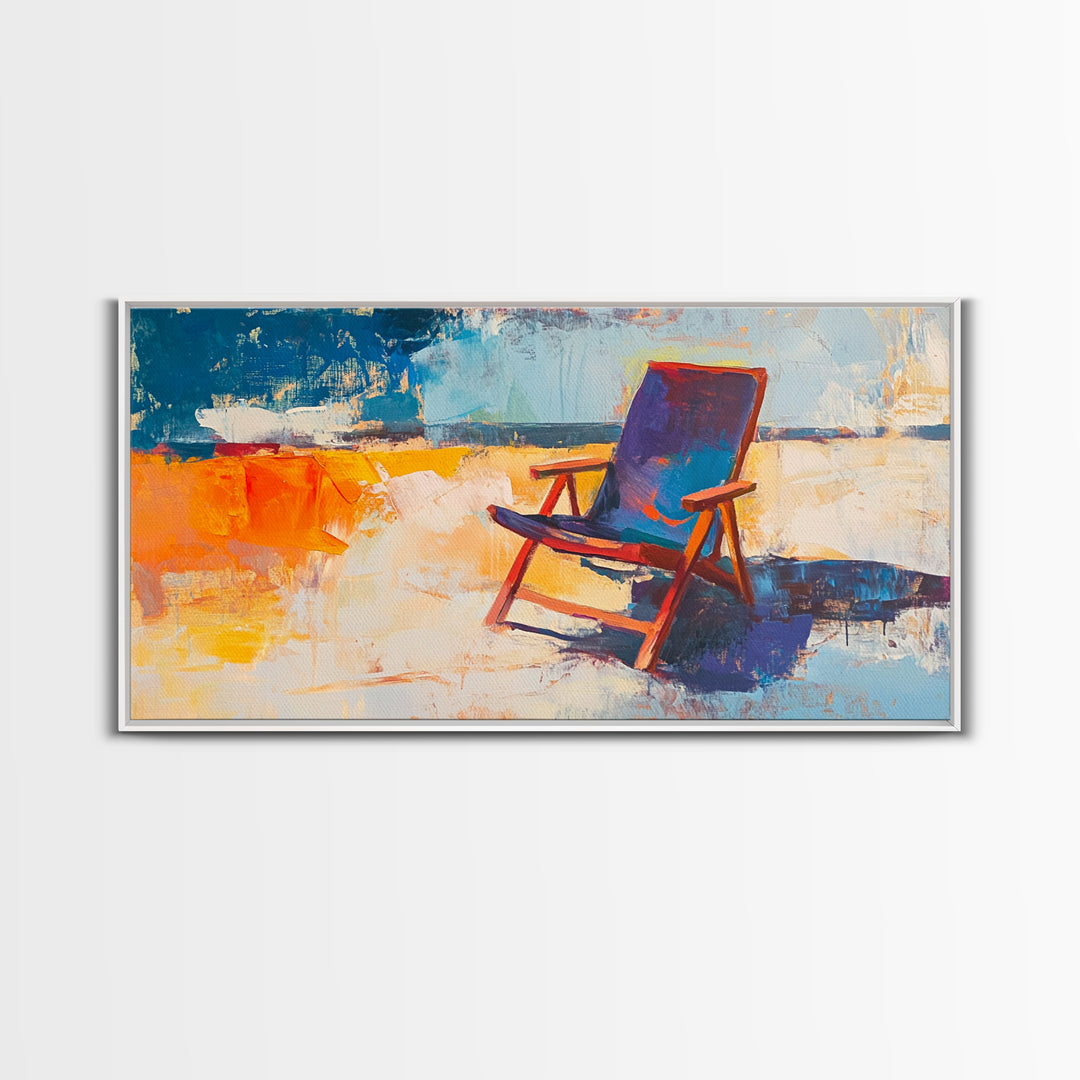 Beach Chair Art, coastal decor, surf wall art, framed canvas print, blue and green wall art, whimsical art, tropical painting