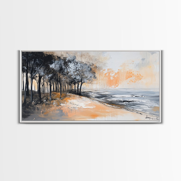 Coastal Landscape, Framed Canvas Print, beach painting, ocean wall art, panoramic painting, extra wide art, above sofa art