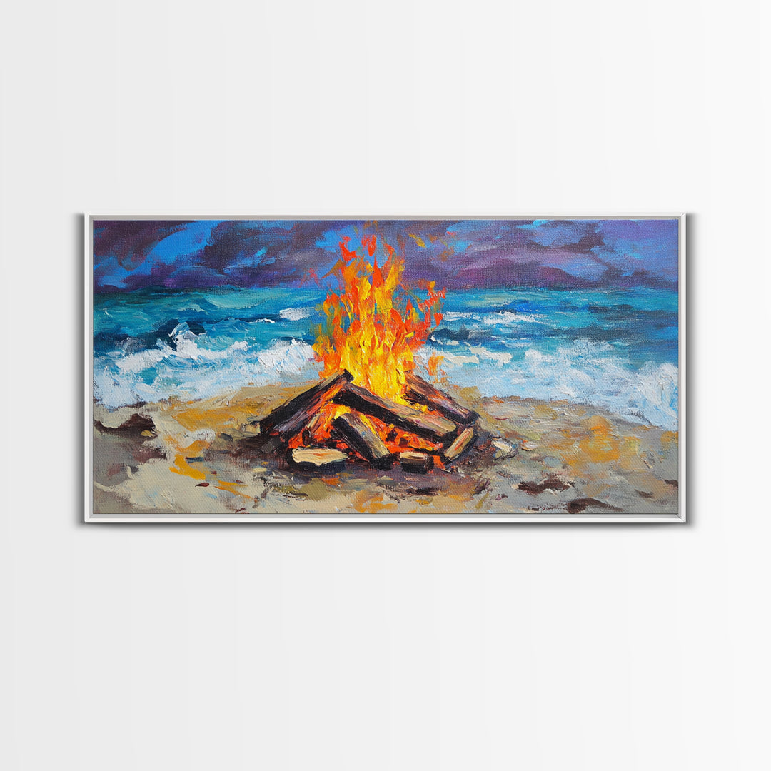 Beach bonfire, coastal decor, surf wall art, nautical painting, ocean fire, rustic wall art, horizontal wall art, canvas print, seascape