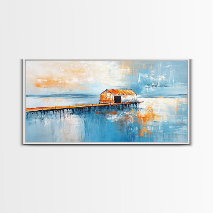 Dock, rustic barn, reflection, Canvas Print, barn landscape oil painting, coastal decor, nautical painting, panoramic art