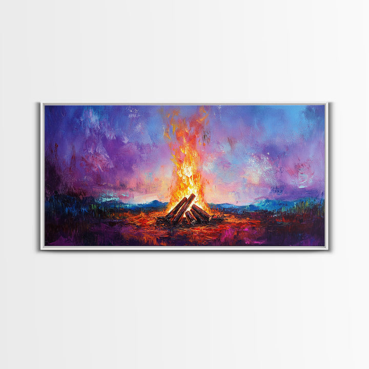 Campfire painting, rustic decor, boho art, mountain painting, cozy fire, scenic landscape, extra wide art, framed canvas print, warm glow