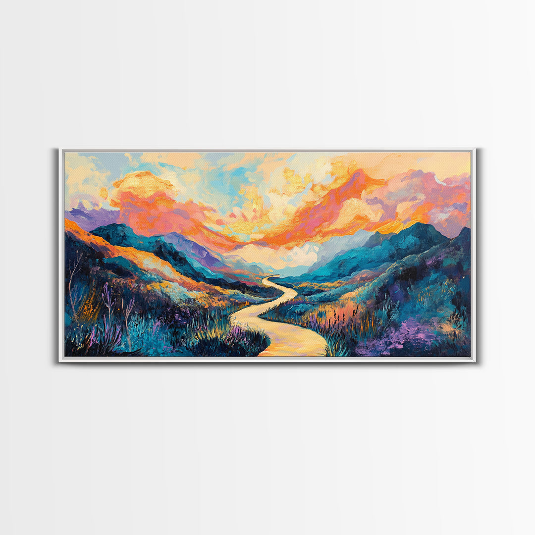 Abstract Landscape, Vibrant Sunset, Mountain Painting, Canvas Print, Extra Wide Art, Panoramic Art, Bedroom Art, Above Sofa Art