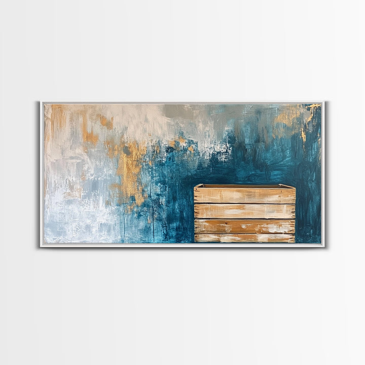Abstract Rustic Art, Blue Gold Textured, Canvas Print, Wabi Sabi Art, Minimalist Art, Therapy Art, Extra Wide Art, Modern Decor