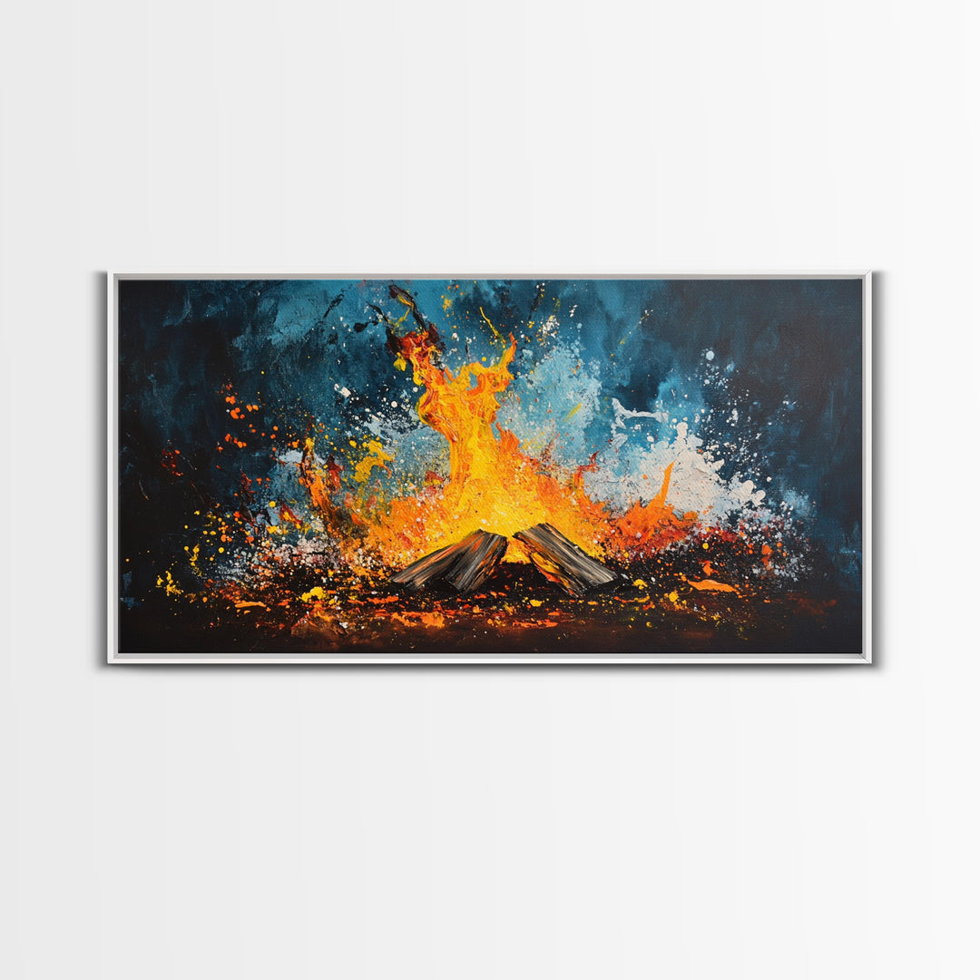 Abstract fire, moody art, geometric wall art, boho decor, flame painting, rustic wall art, extra wide art, framed canvas print, teal wall art