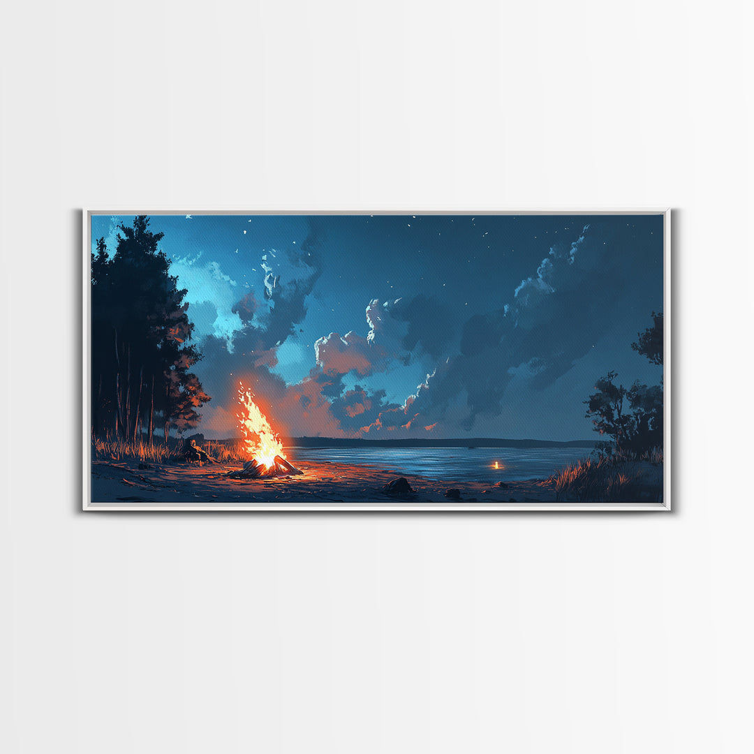 Campfire by lake, coastal decor, nautical wall art, scenic night, moody painting, extra wide art, panoramic art, canvas print, above sofa art