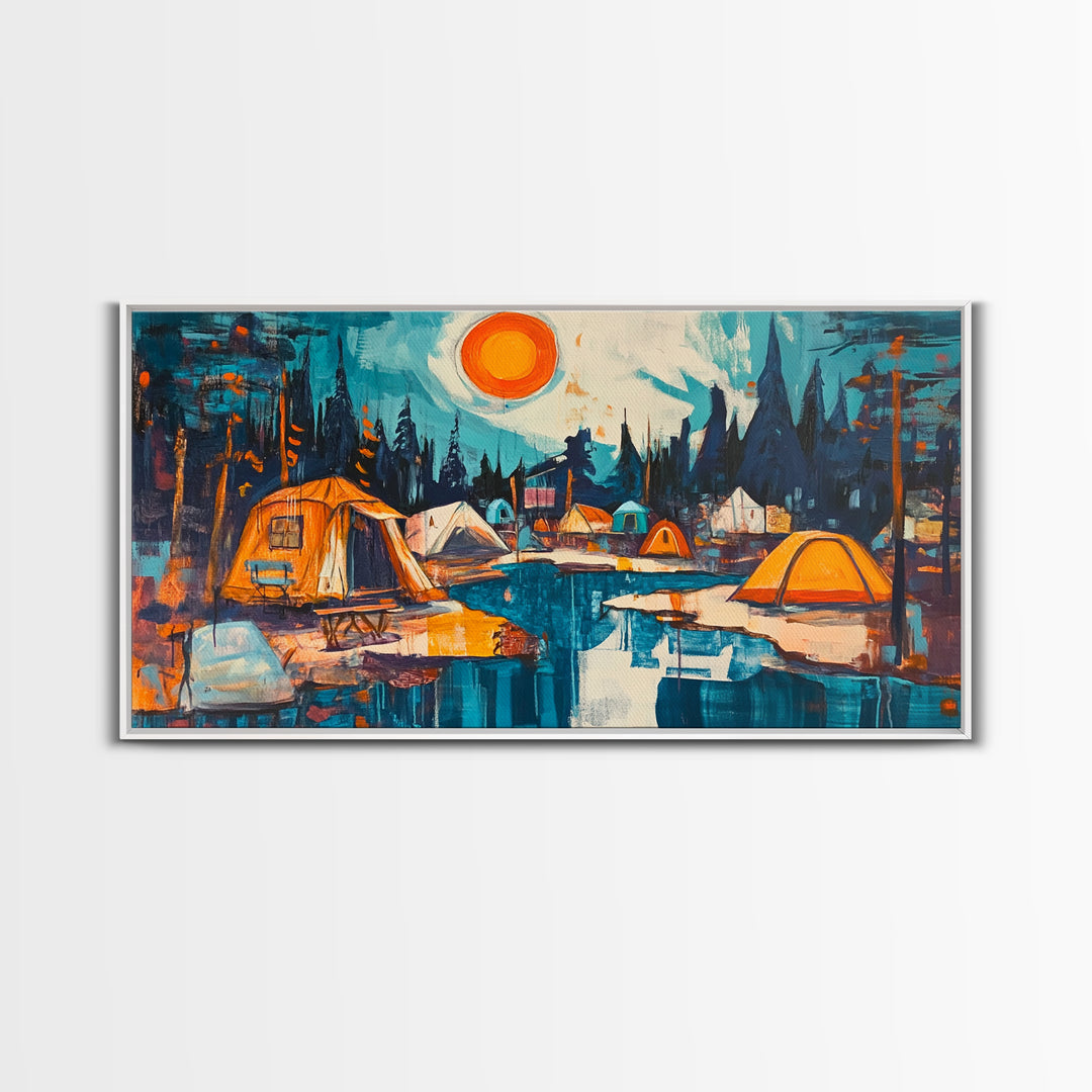 Camping painting, rustic wall art, pine tree art, mountain painting, nature lovers, warm glow, framed canvas print, wabi sabi art, moody art