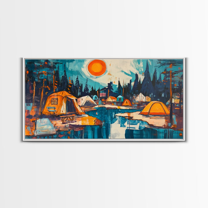 Camping painting, rustic wall art, pine tree art, mountain painting, nature lovers, warm glow, framed canvas print, wabi sabi art, moody art