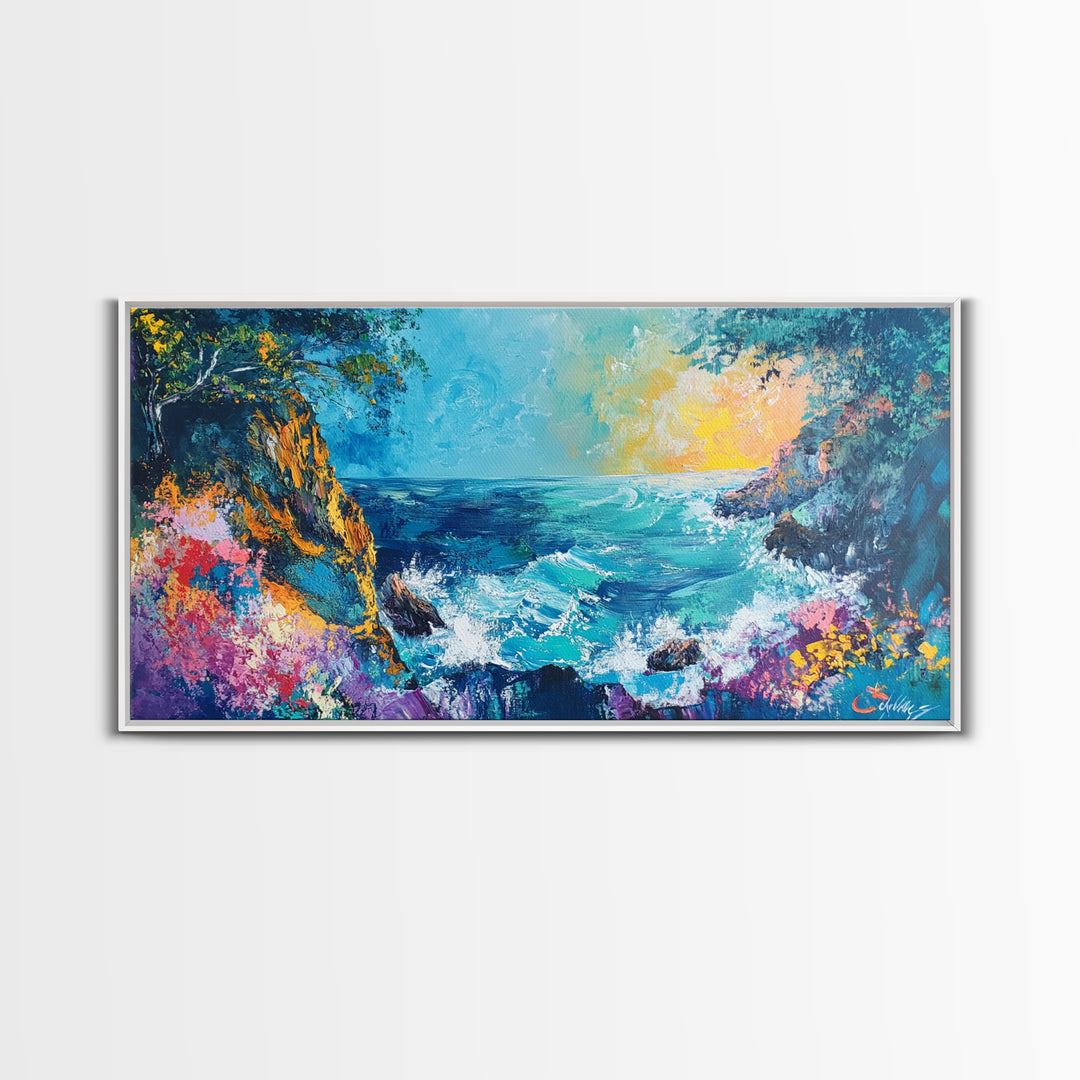 Coastal Cliff, vibrant ocean painting, surf wall art, Hawaii art, seascape painting, colorful beach art, Framed Canvas Print, extra wide art
