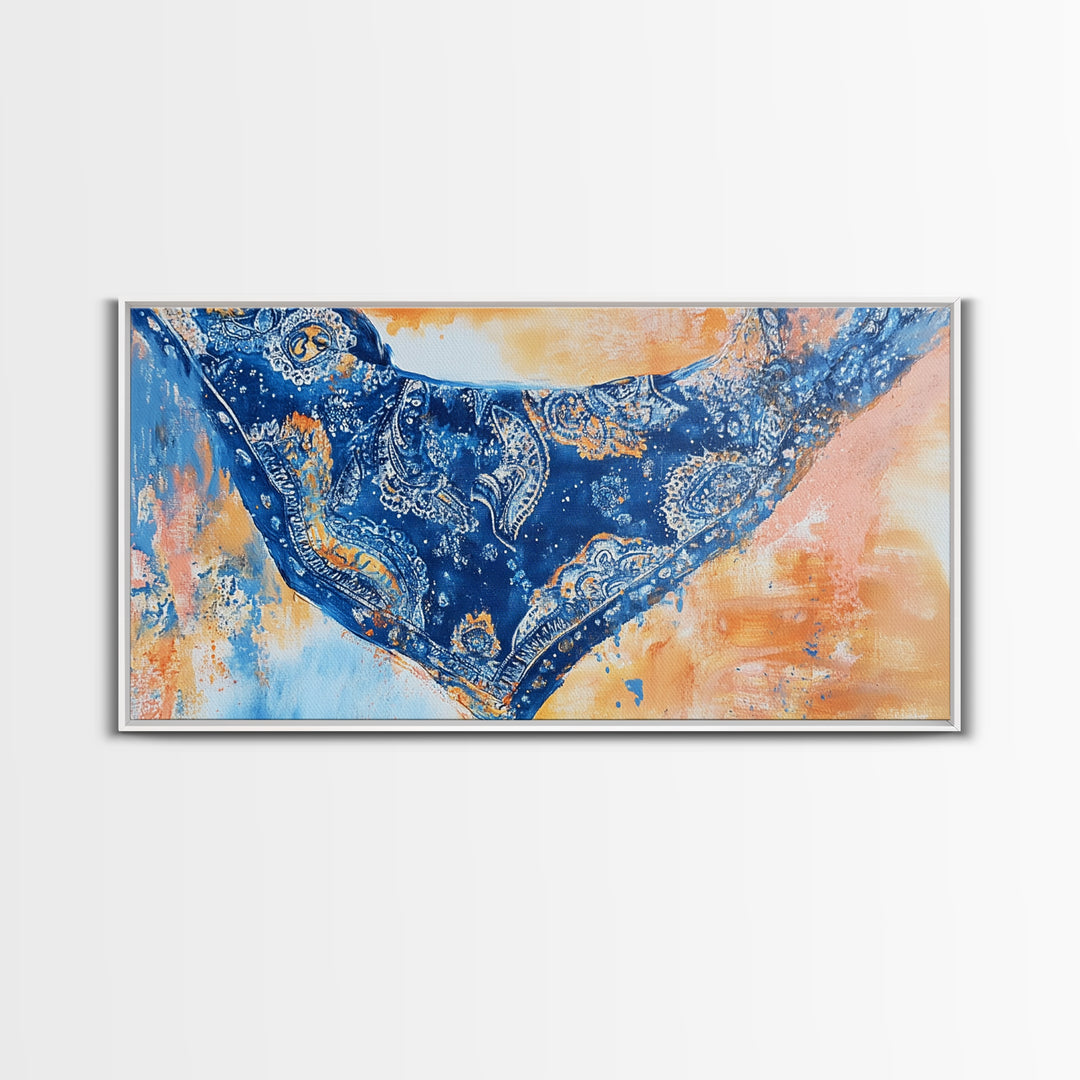 Bandana Print, Blue Wall Art, Vintage Art, Southwestern Art, Chinoiserie Wall Art, Extra Wide Art, Framed Canvas Print, Above Couch Art